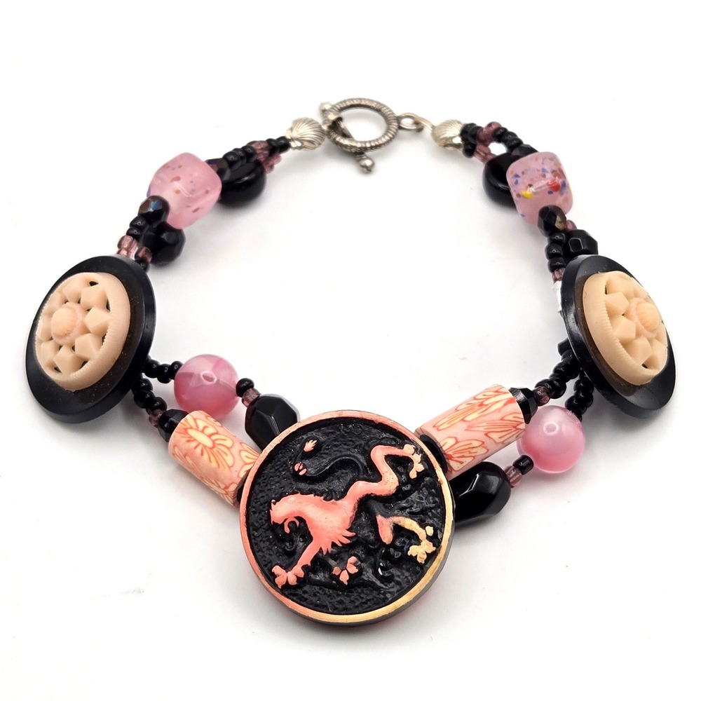 Handmade Pink Griffin Button Beaded Bracelet Black Pink Glass Toggle Clasp 7‎ In